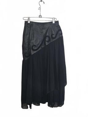 Vintage Black Leather and Chiffon Asymmetric Midi Skirt